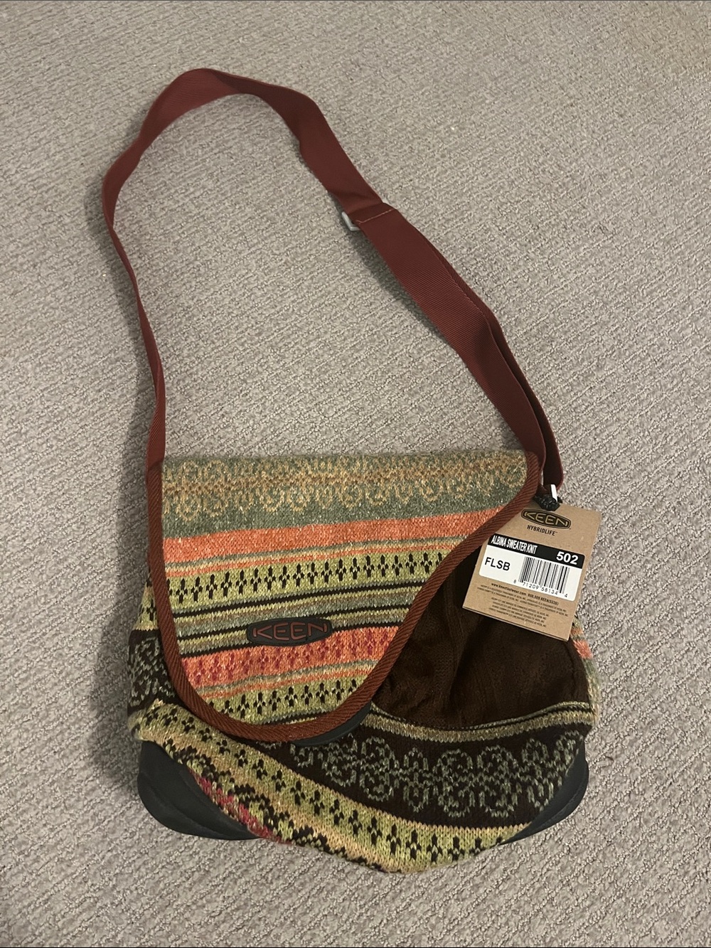 NWT Keen Multicolor Woven Pattern Crossbody Bag with Brown Trim